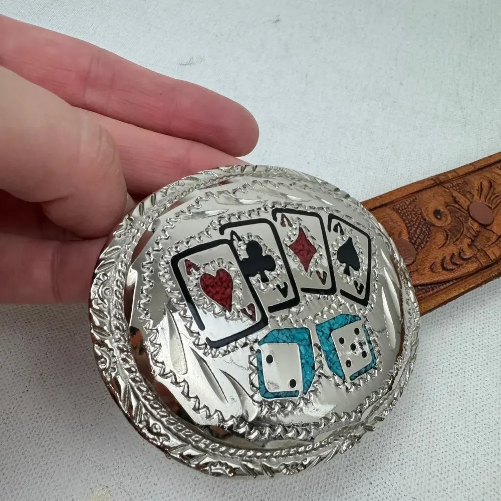 VTG Gambler Belt Buckle & Hand Tooled Belt